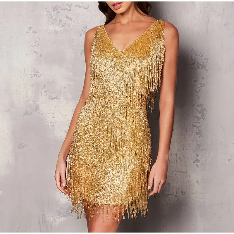 2024 Sexy Sleeveless V-Neck Vintage Tassel Mini Women Elegant Evening Party Bodycon Dresses Summer Ladies Night Club Dress C260312