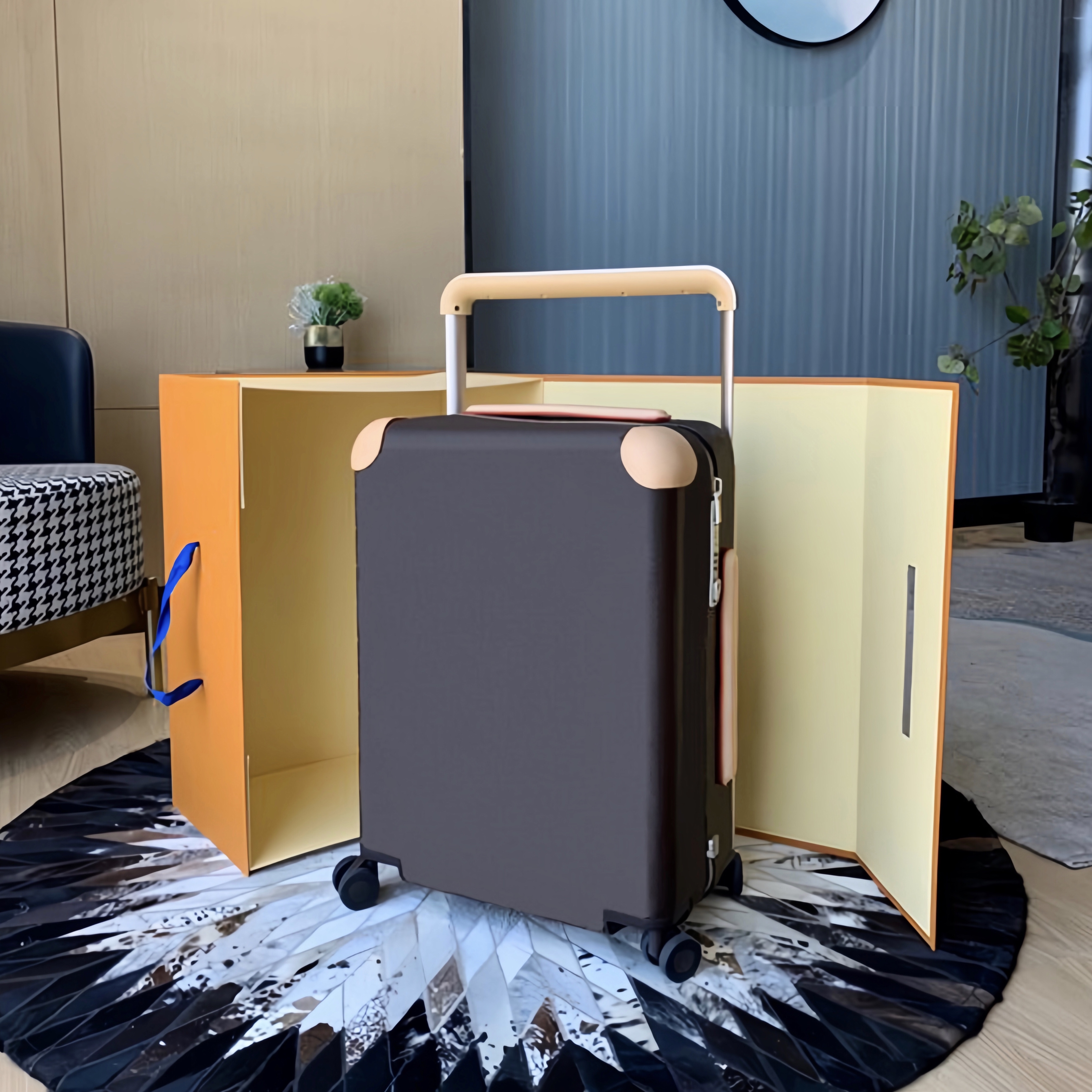 19A Designer luggage Classic suitcase Fashion Carry on Cabin 55cm iconic pattern external large pull rod in Original canvas with real leather