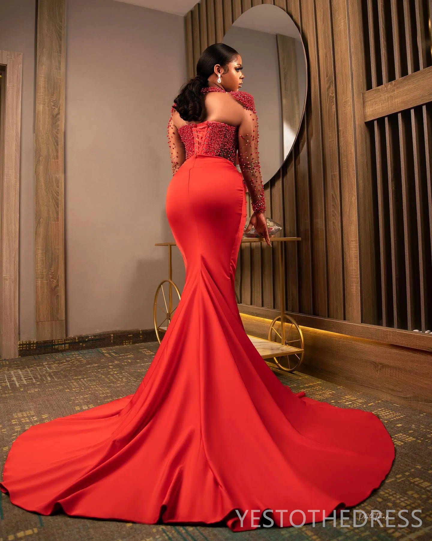 2025 Plus Size Red Prom Dress Mermaid Evening Dresses Formal Gowns High Neck Long Sleeves Beaded Pearls Side Split 40TH Birthday Dress Second Receptio