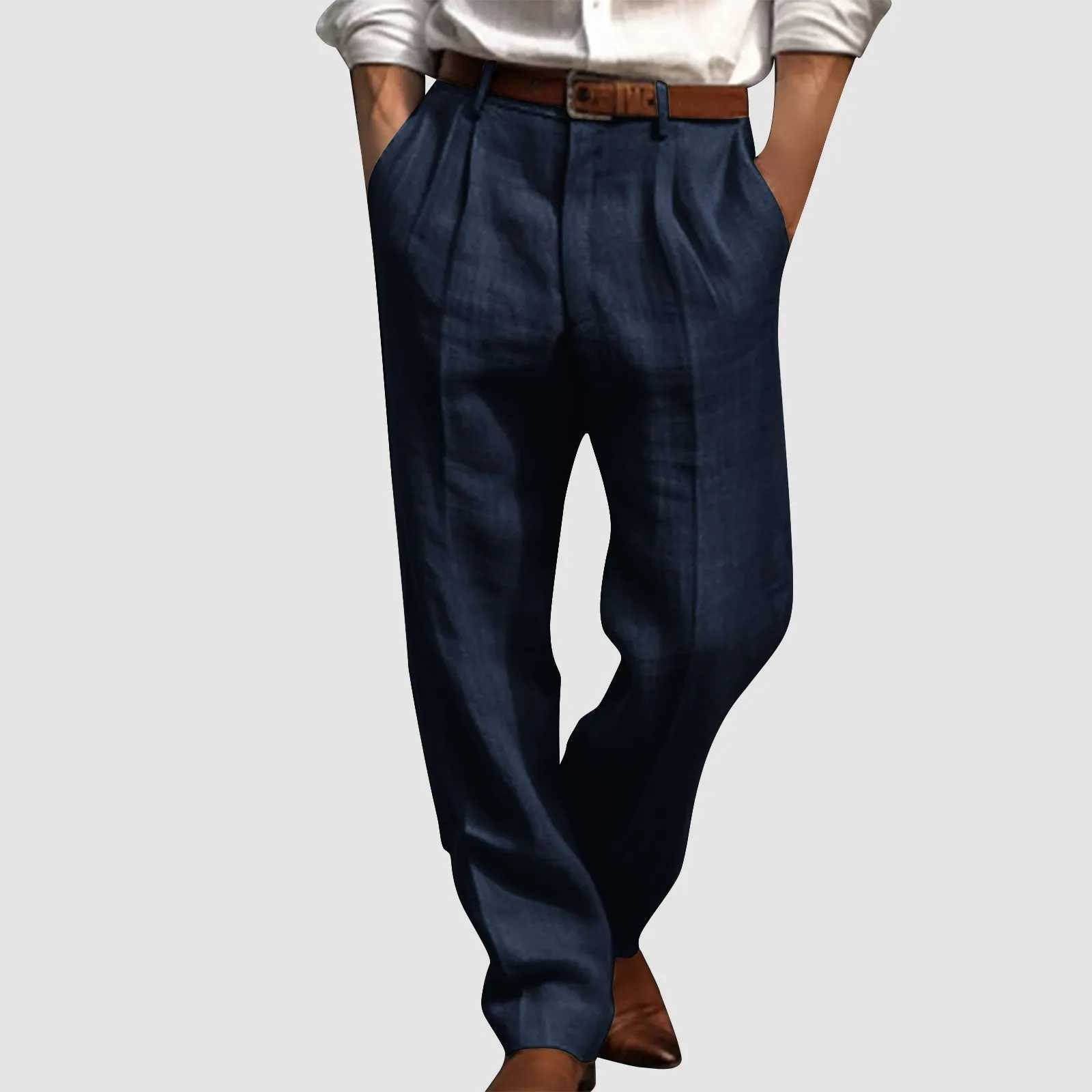 Mens cotton linen pants pleated front straight leg set mens solid color lightweight retro set mens workwear W250411