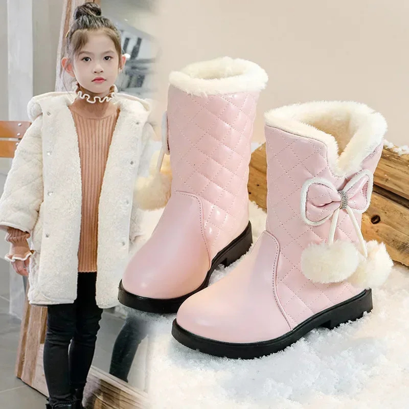 Girls Warm Boots with Bow Kids Snow Boots with Fur Plush Winter Fashion Children Princess Boots Waterproof Platform 241219