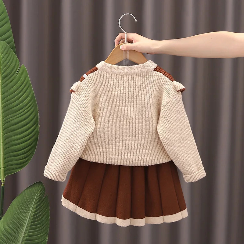 Autumn Winter Toddler Girls Clothes Set 3D Flower Lace Kids Girls Sweater Color Contrast Knitted 1-6Y Girls Pleated Skirt Outfit 241219
