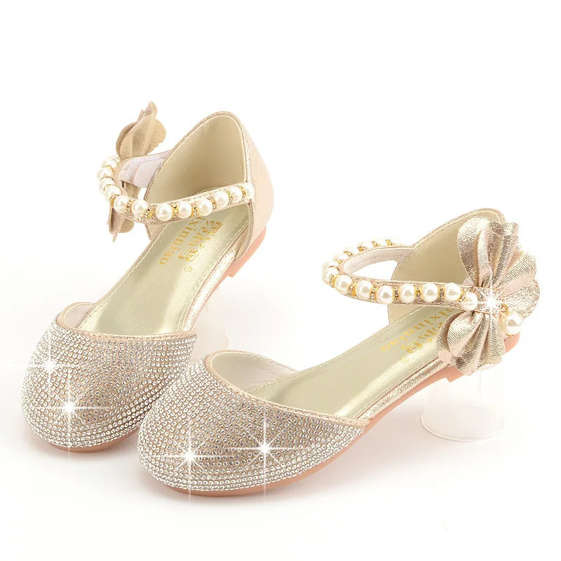 Girls Wedding Shoes Glitter Flat Heels Children Princess Sandals Dance Kids Fashion Party Shoes with Pearl 241219