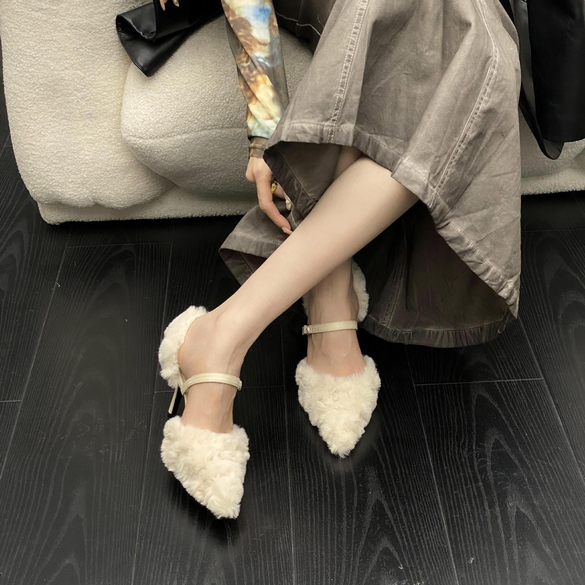 Women Dress High Heel Winter Plush Fashion Pointed Toe Sandals Buckle Designer Shoes Triple Black White Pink fashion