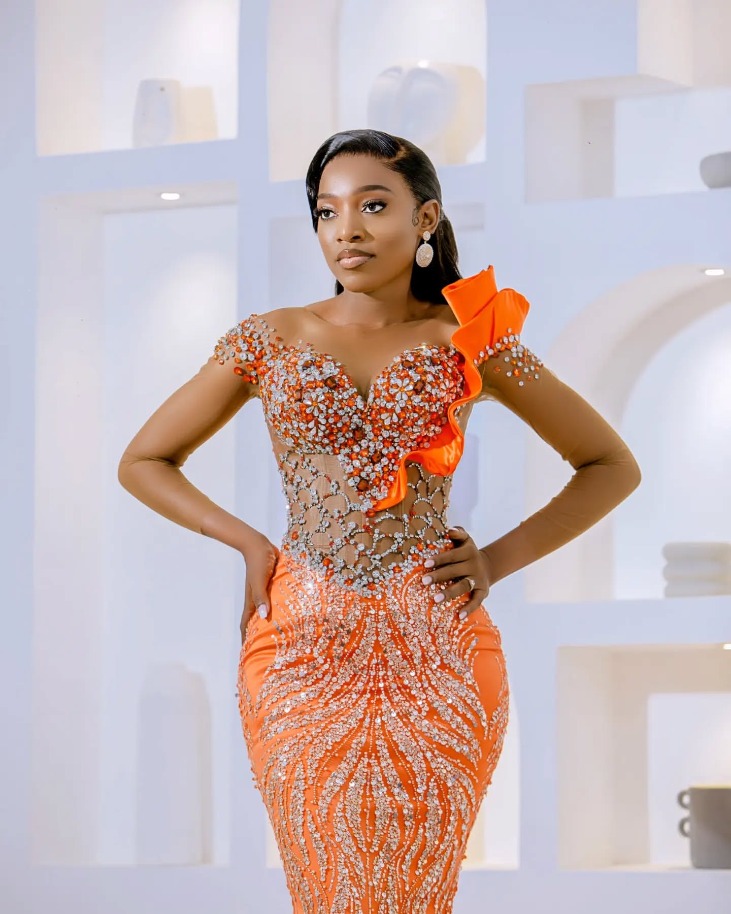 Mermaid Orange Prom Dresses Rhies Beaded Sequined Evening Formal Party Second Birthday Engagement Gowns Plus Size Dress For Special Ocns D