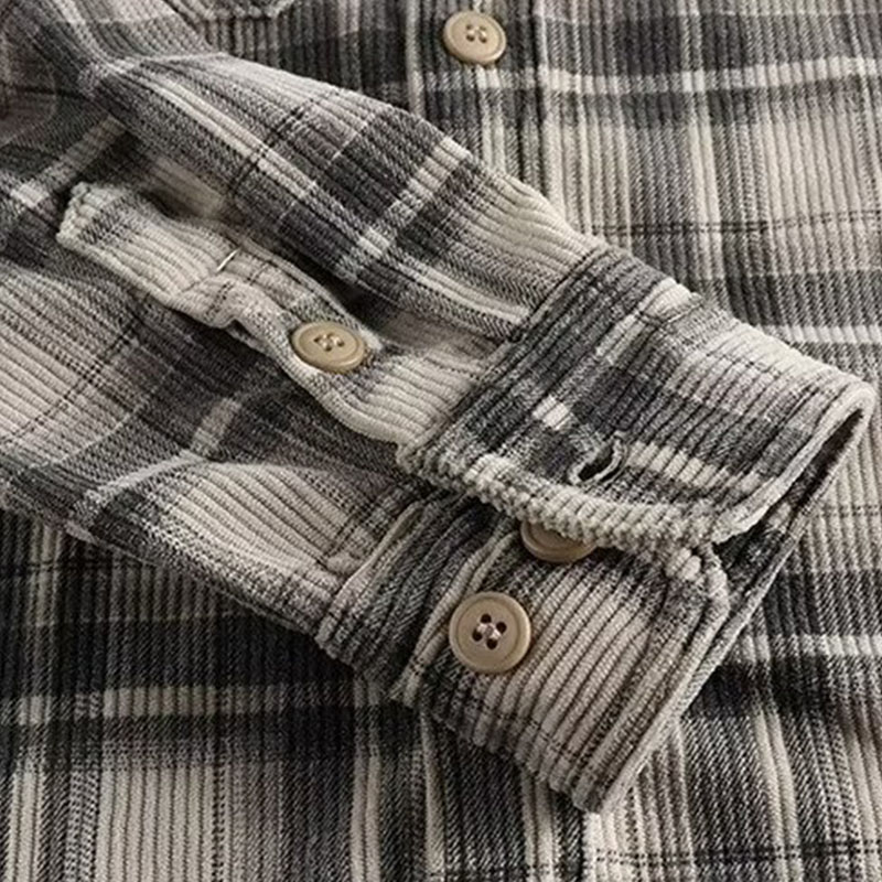 Cross-border American clicker retro spring and fall men's classic plaid long-sleeved shirt washed corduroy comfortable literary tide m045