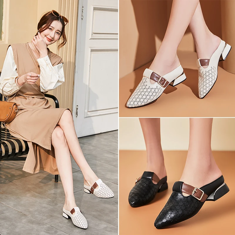 AIYUQI Women Summer Slippers Genuine Leather Semi-Wrap Hollow Slippers Women Fashion Wear Casual Slippers Women