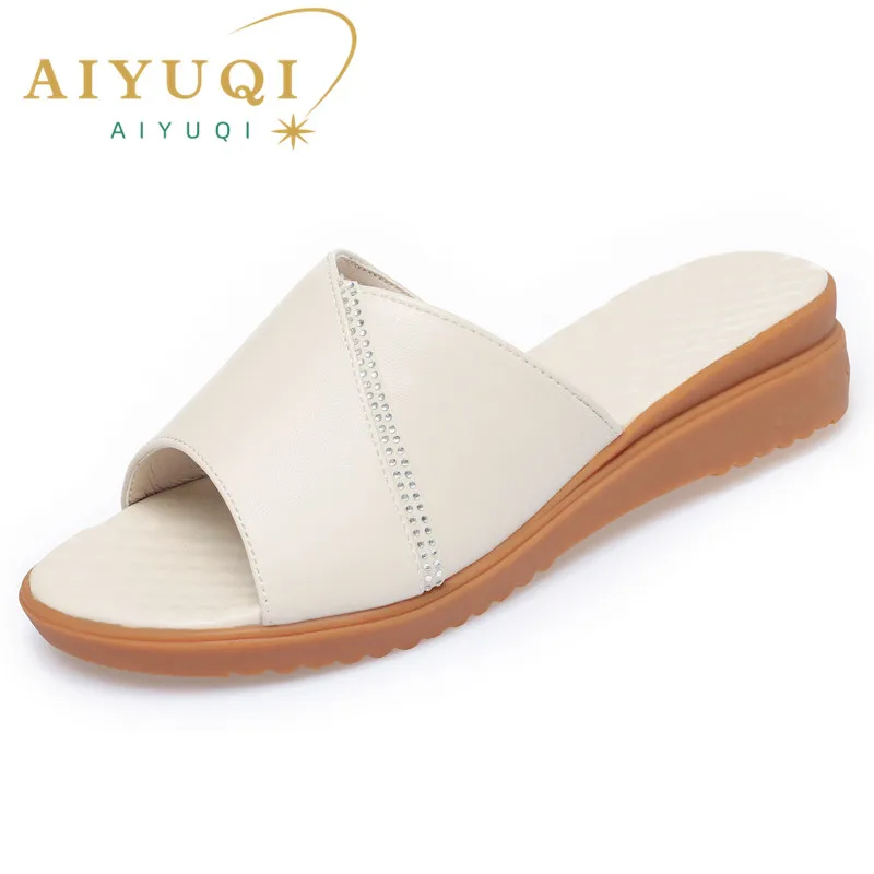 AIYUQI Women Sandals Slippers Summer Genuine Leather Non-slip Women Slides Thick Bottom Large Size Women Sandals