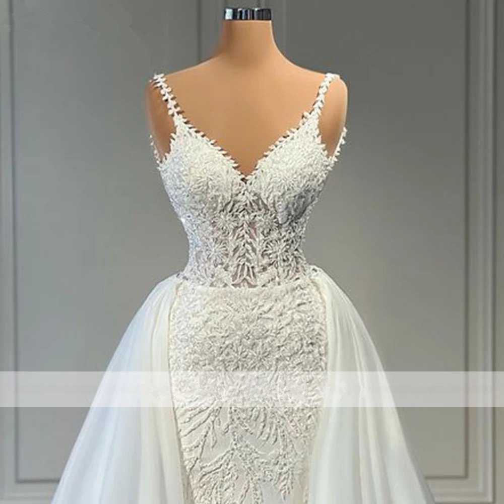 Luxury V Neck Mermaid Lace Wedding Dresses Sleeveless Pearls Beaded Satin Bridal Gowns with Detachable Train Customized Vestido De Novia
