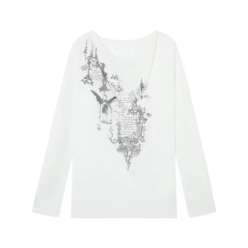 Yedinas Korean Fashion Graphic Tees Slightly Transparent T Shirt Women Clothing Long Sleeve Loose T-shirt Streetwear Spring Tops 241219