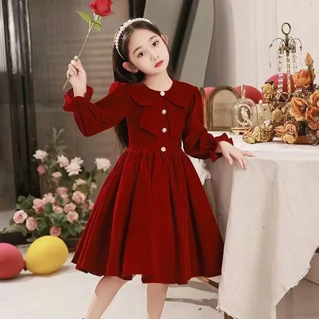 Girls Party Dress Winter Spring Children Birthday Clothes Thick Warm Plus Velvet Kids Formal Dresses for Girls Burgundy Red 241219
