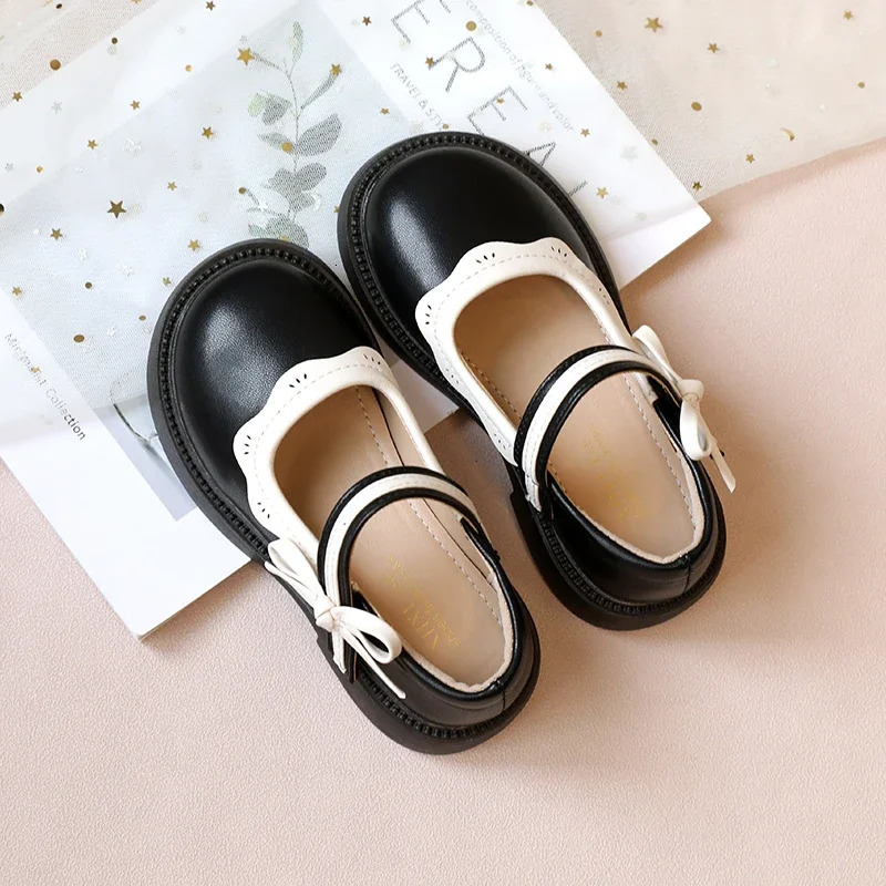 Girls Leather Shoes with Anti Slip Round Toe Bow Spring Autumn Outdoor Girls PU Casual Leather Shoes Sandalias De Mujer 241220