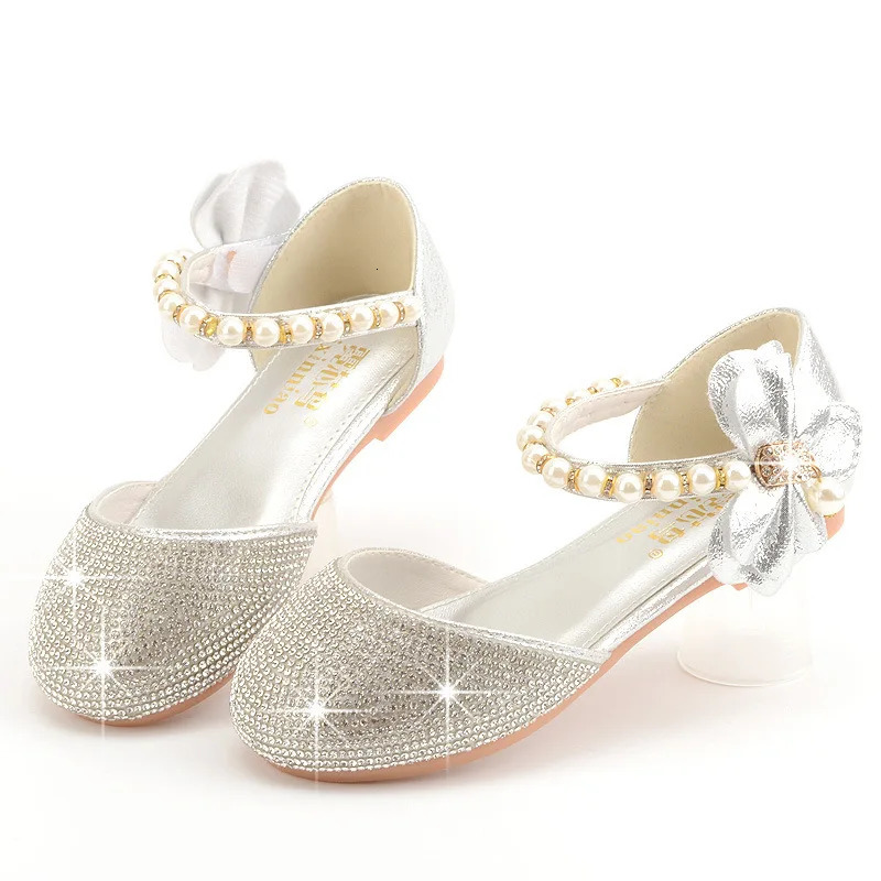 Girls Wedding Shoes Glitter Flat Heels Children Princess Sandals Dance Kids Fashion Party Shoes with Pearl 241219