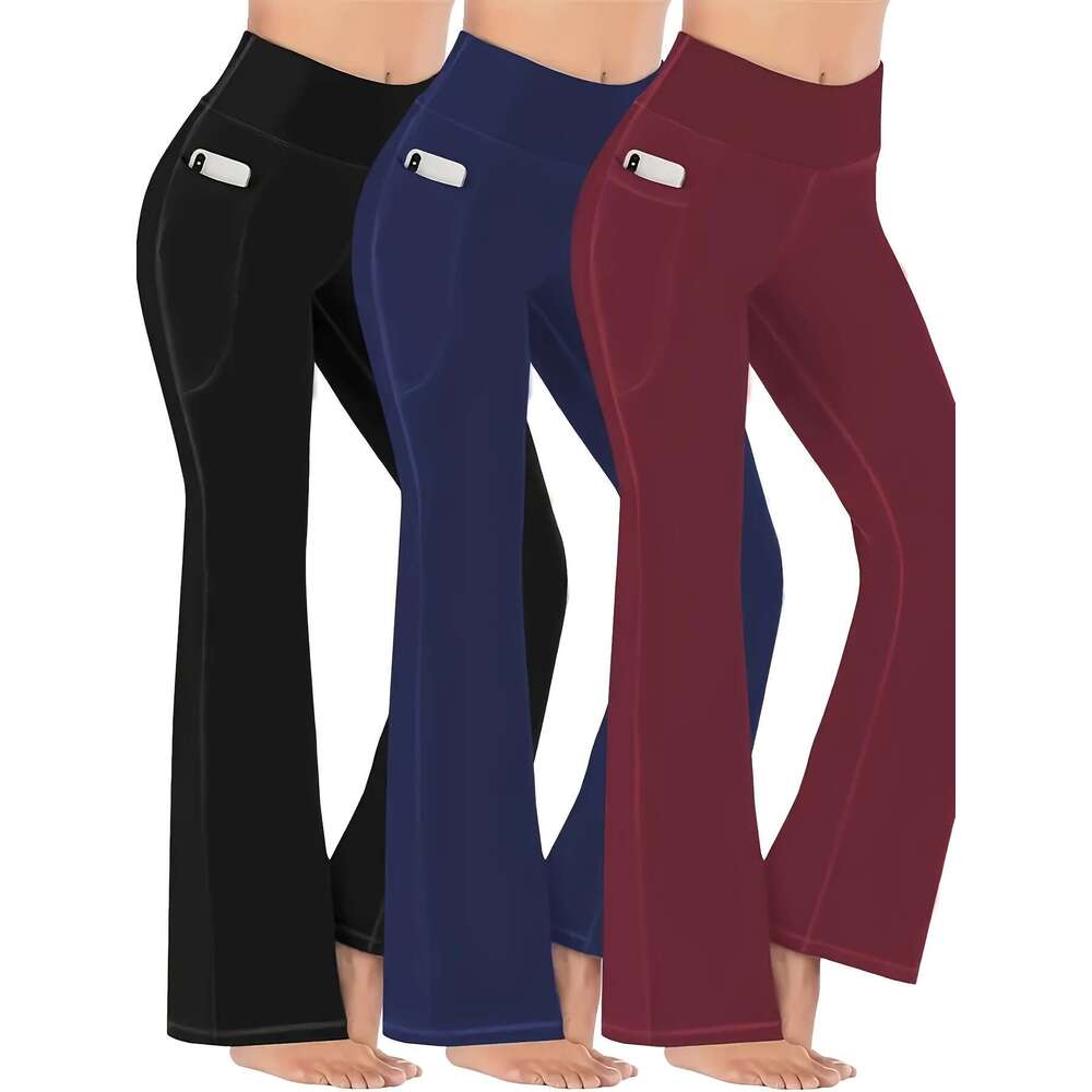 Women's 3-Pack Waist Polyester Blend Flare Yoga Pants - Elegant Solid Color, Knit Fabric with High Stretch, Long Pocket Detail, All-Season Performance Fiess and