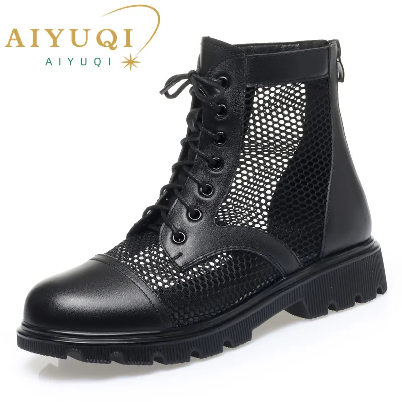 AIYUQI Women Summer Boots Spring Genuine Leather Mesh Women Ankle Boots British Large Size Cool Boots Women