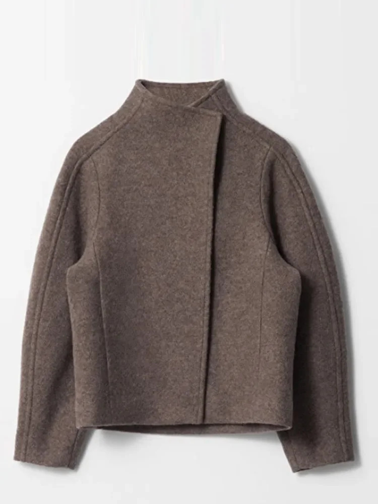 Brown Stand Collar Long Sleeve Woolen Short Coat Women Fashion Single Breasted Loose Jacket Autumn Warm Female Chic Outwear 241220