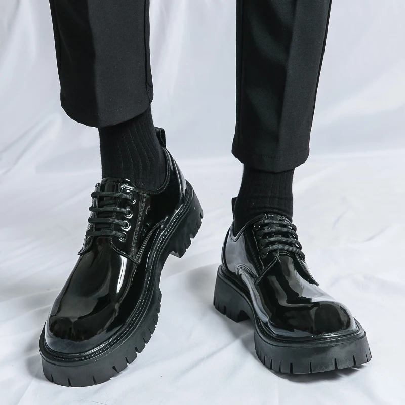 Men Platform Leather Black Shoes Dress Party Slip on Flats Stylish Fashion Loafers Casual Thick Soled Oxfords Shoes 241220