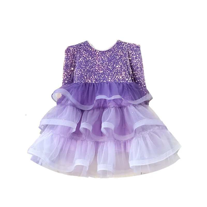 Autumn Winter Kid Girl Dress Purple Performance Childrens Girls Princess Dress With Bow Veil Shiny Sequins Baby Girl Dress 241219