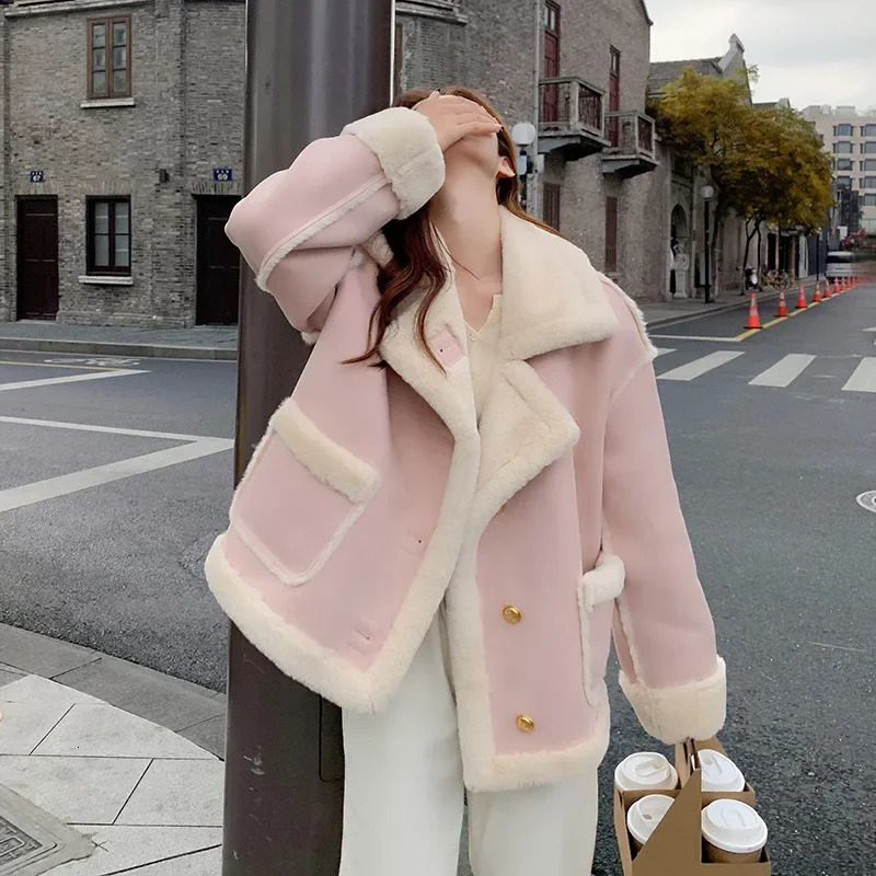 Autumn/Winter Style PetiteCropped Integrated Sunday Angora Yarns Pink Tweed Style Sheep Fur Jacket For Women 241220