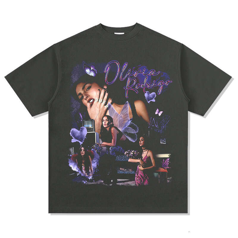 Hip hop Olivia Rodrigo printed short sleeved T-shirt, loose washed round neck hooded sweatshirt