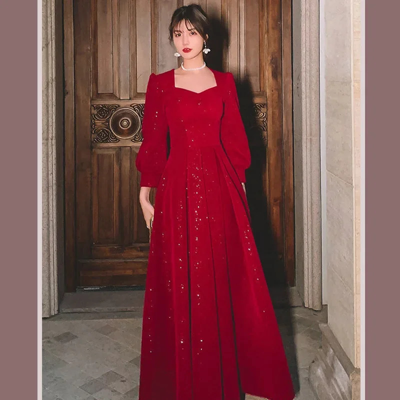 Elegant Red Sequins Midi Dress Women Vintage V-neck Formal Occasions Evening Party Dresses Fashion Chic n in Dresses 241216