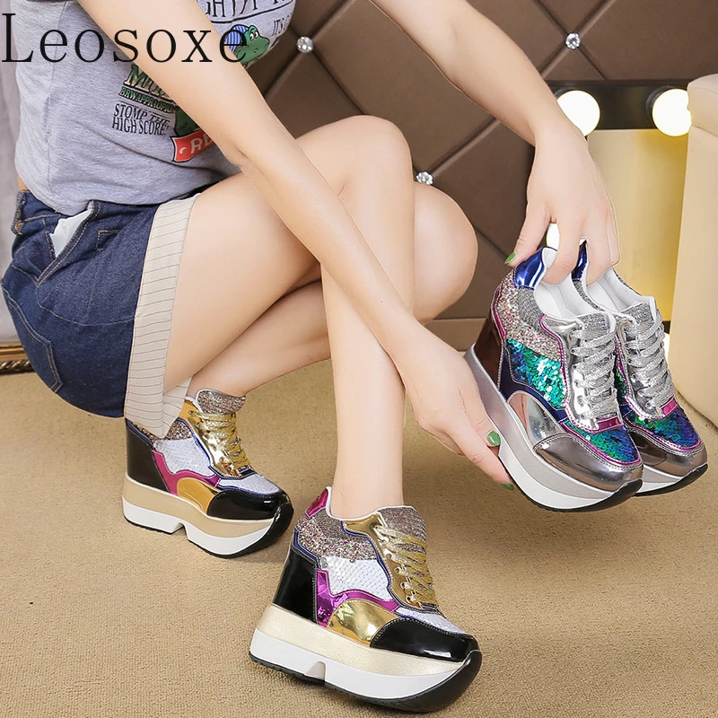 Fashion White Sneakers Women's High Platform Casual Shoes Height Increasi Leathe Shoes 10 CM Thick Sole Trainers Tennis Sports