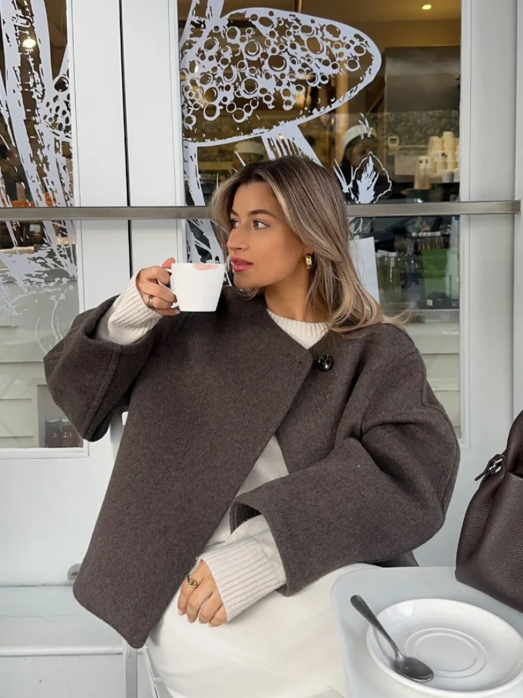 Fashion Women Solid Round Neck Woolen Short Coat Elegant Full Sleeve One Button Loose Womens Jacket Fall Winter Daily Wear 241220