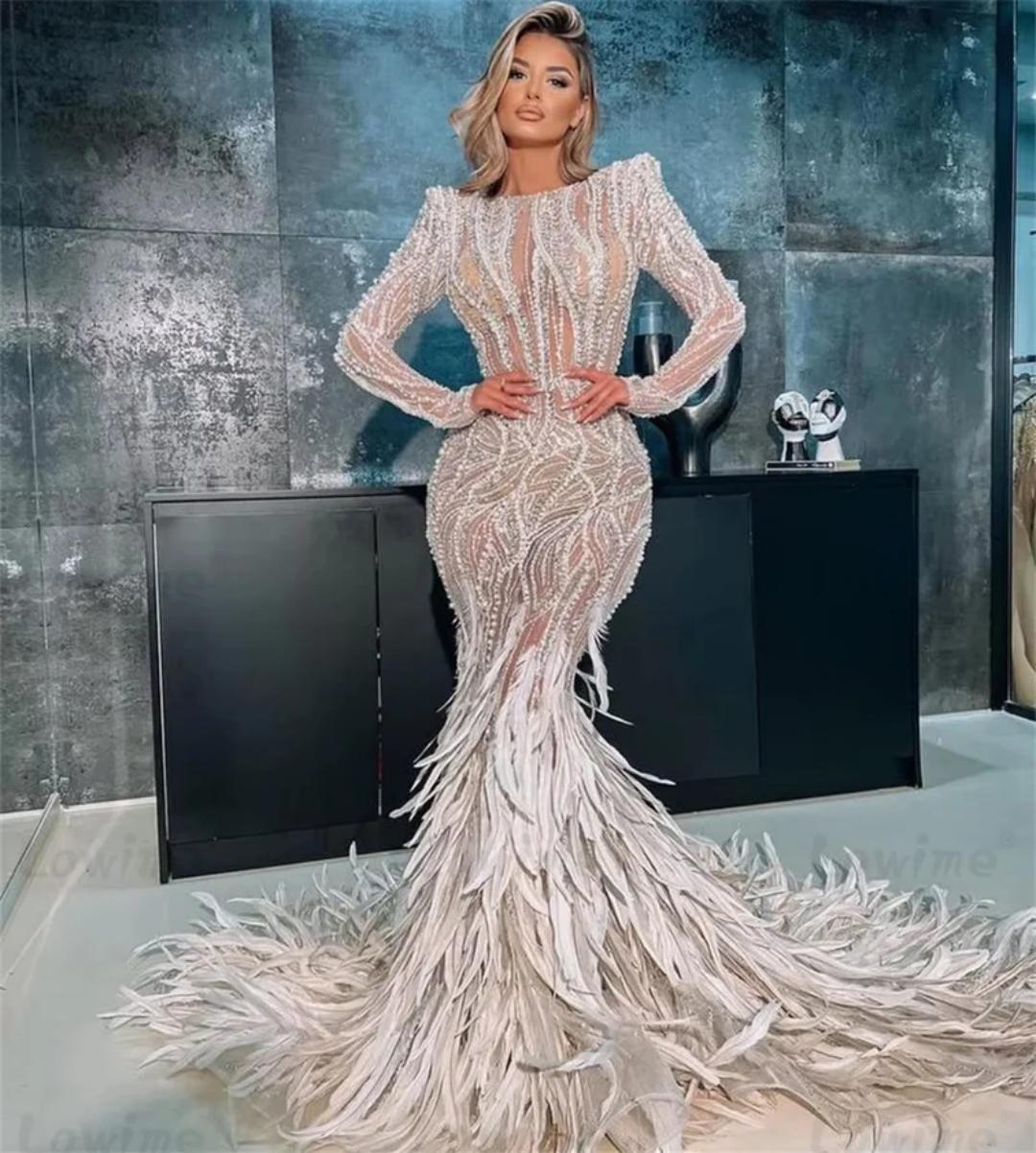 Gorgeous Evening Dresses For Women O Neck Long Sleeves Gown Feather Beaded Sequins Crystal Sweep Train Customized Dress Party
