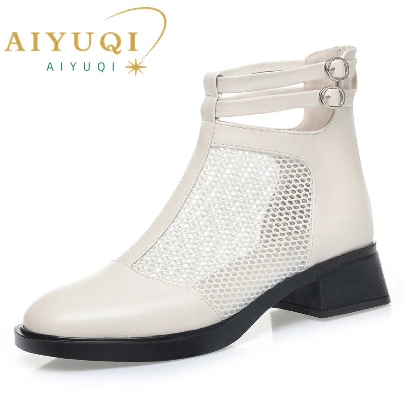 AIYUQI Mesh Sandals Women Summer Mid-Heel Cutout Mesh Boots Women Genuine Leather Large Size Fashion Women's Boots