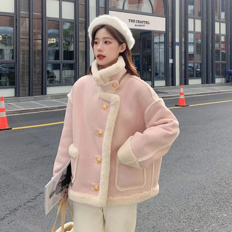 Autumn/Winter Style PetiteCropped Integrated Sunday Angora Yarns Pink Tweed Style Sheep Fur Jacket For Women 241220