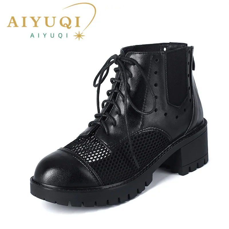 AIYUQI Summer Marton Boots Women Hollow Short Boots Women Genuine Leather Large Size Thick-heel Cool Boots Ladies
