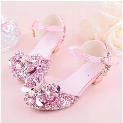 Girls Bow-knot Rhinestone high-heeled Sandals Princess Performance Dancing Summer PU Leather shoes purple pink Silver 241219