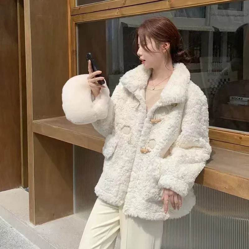 White Faux Lamb Wool Warm Coats Women Fall Korean Stand Collar Horn Button Jackets Y2K Winter Thick Long Sleeve Plush Outerwear 241216 - view 5