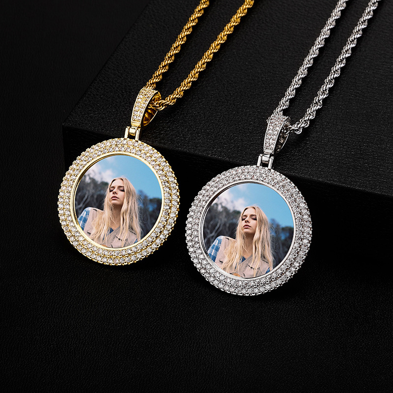 Fine Quality Custom Photo Round Pendant Necklace 18k Gold Iced Out Cubic Zirconia DIY Picture Frame Diamond Necklaces For Lovers Family Friends Memori