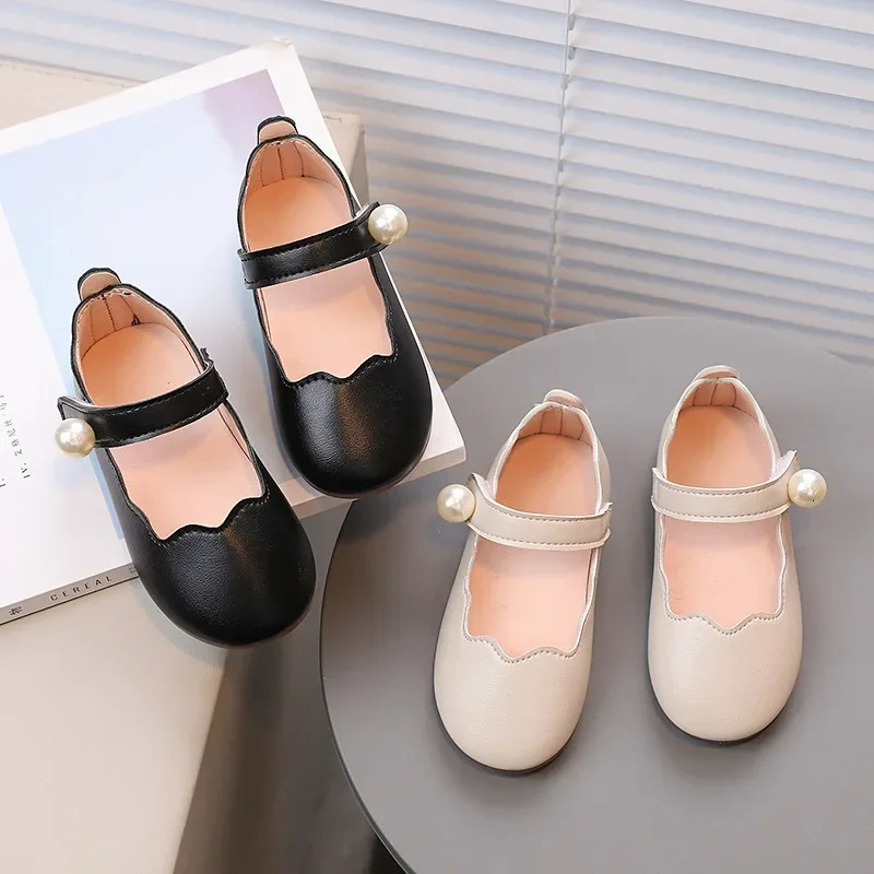 Girls Leather Shoes for Party Wedding Solid Color Kids Princess Shoes with Big Pearl Round-toe Children Shallow Moccasin Shoes 241220