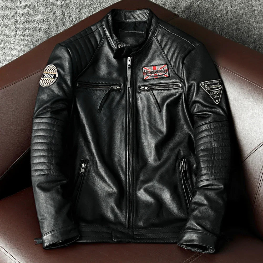 Free delivery motorcycle trendy retro mens highquality leather jacket slim fit 100 natural cowhide genuine 241211