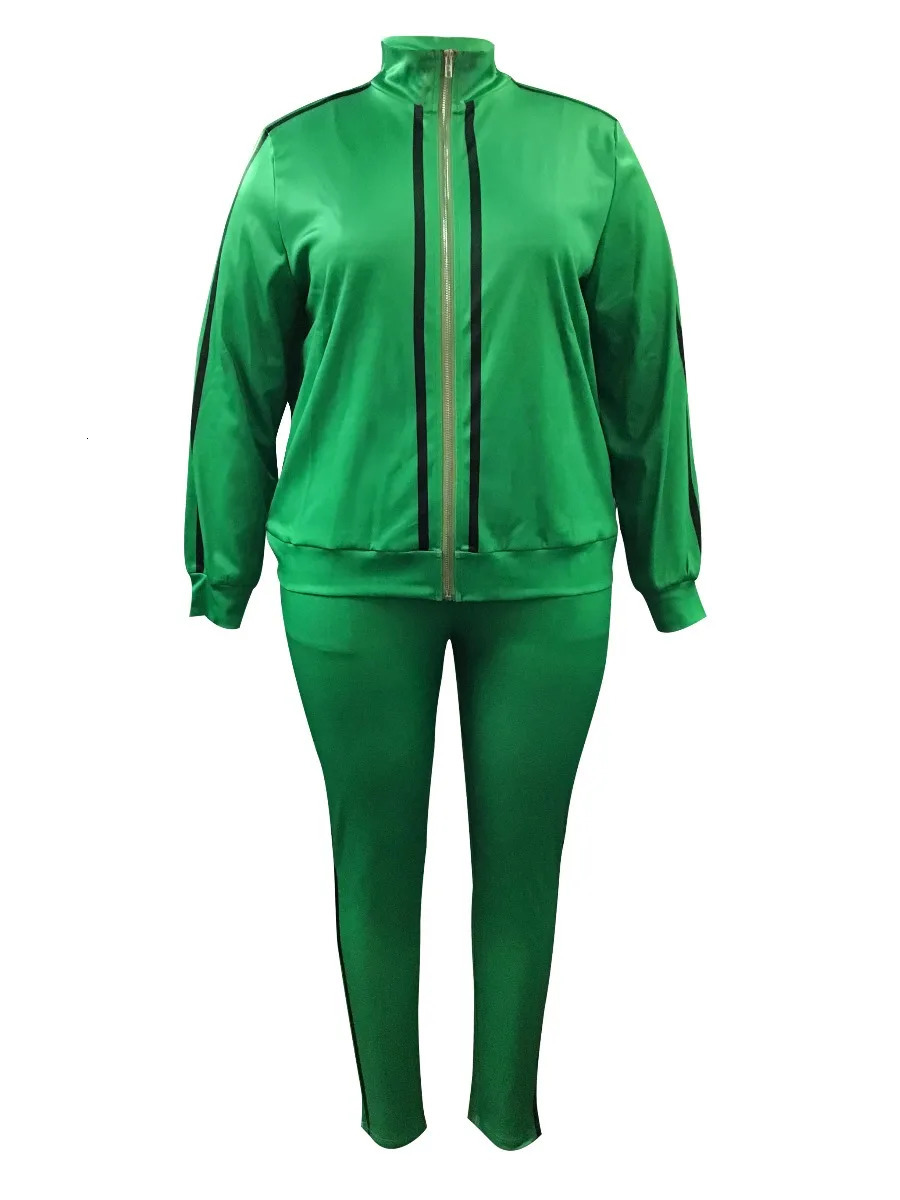 LW Plus Size Striped Regular Fit Tracksuit Set Green 2pcs Sportwears Zipper Up Mandarin Collar Top Casual Trousers 241219