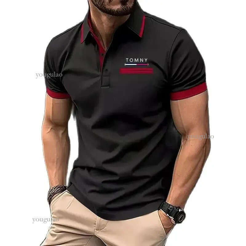 TOMNY Shirt Polo Daily Men Striped Knit Polos Polyester Polo Shirts Tops 240703
