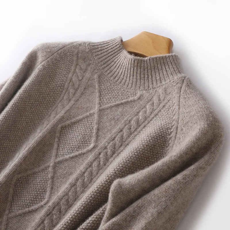 Diamond shape Autumn/Winter 100% Merino wool pullover Cashmere sweater Womens half turtleneck pullover warm bottomknitshirt 241217