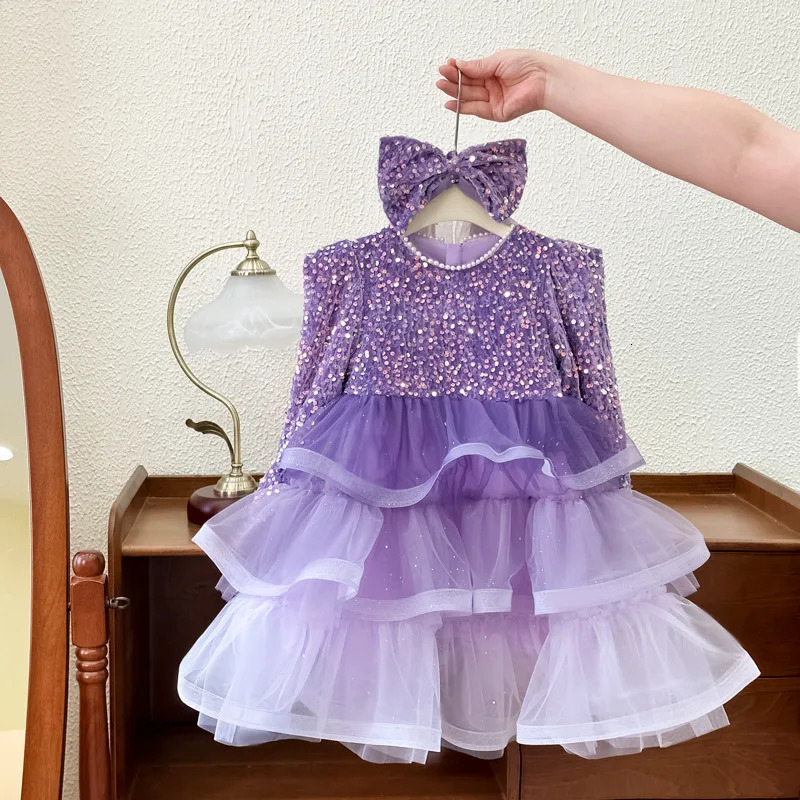 Autumn Winter Kid Girl Dress Purple Performance Childrens Girls Princess Dress With Bow Veil Shiny Sequins Baby Girl Dress 241219