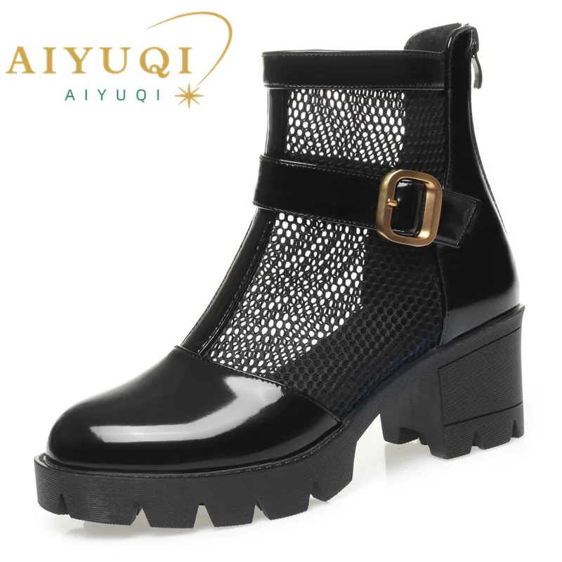 AIYUQI Women Summer Boots Mesh Genuine Leather Platform Women's Mesh Boots Large Size British Style Women Cool Boots