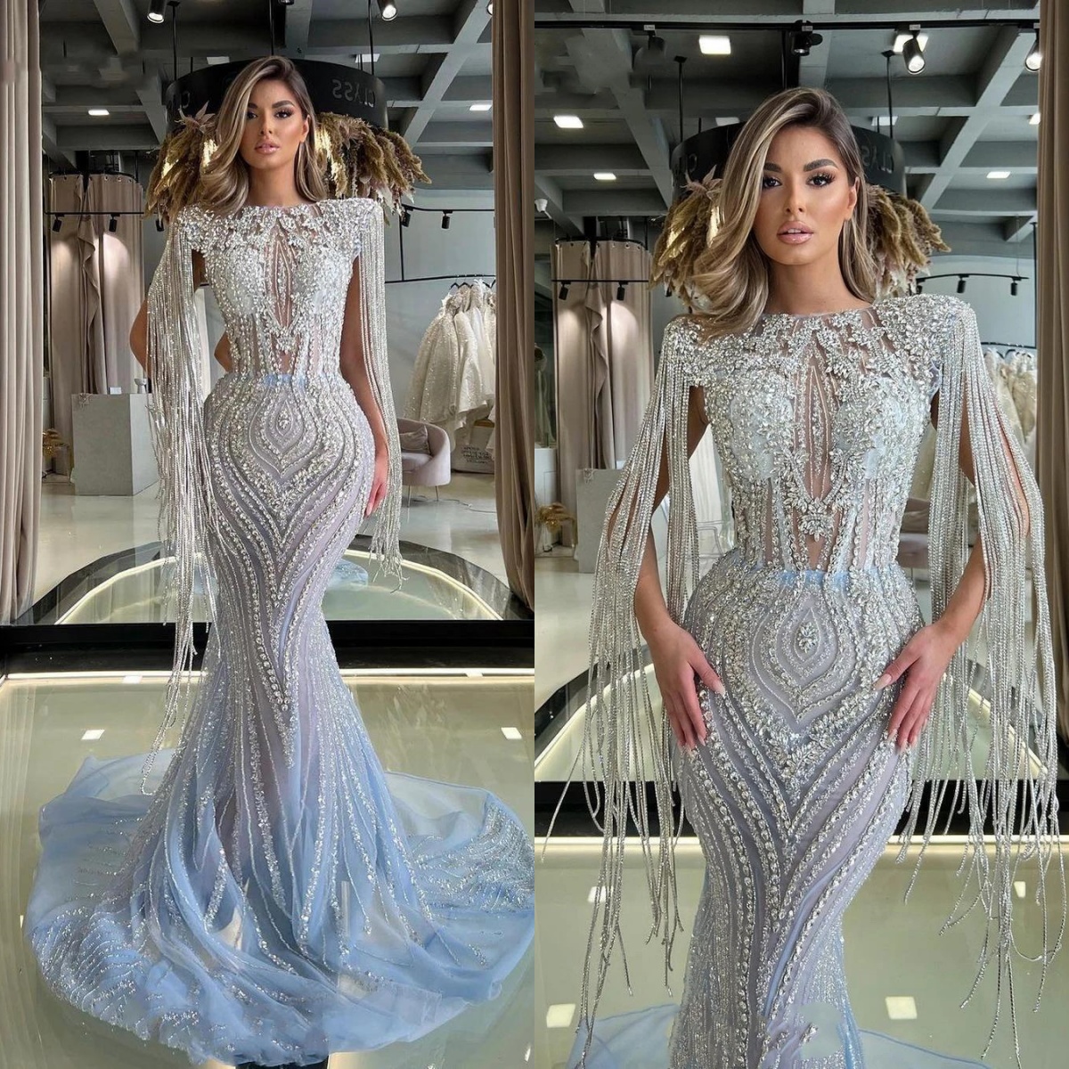 Exquisite Mermaid Evening Dresses For Women O Neck Sleeveless Gown Sequins Crystal Tassel Sweep Train Customized Dress Party