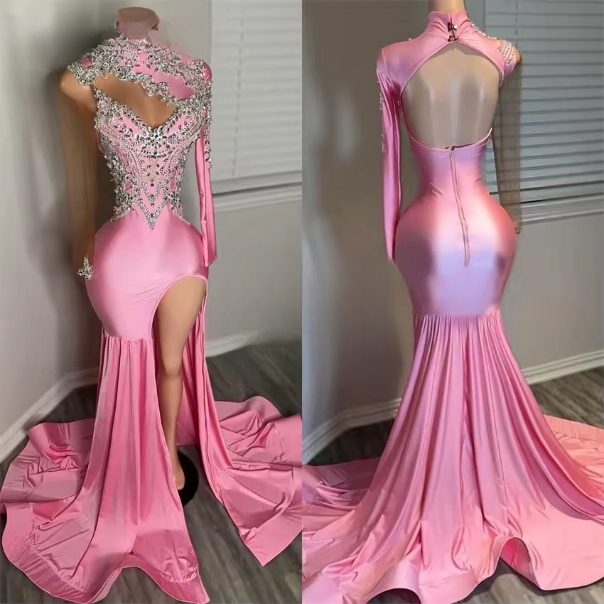 Pink Long Sleeve Prom Dress With Crystals & Beads - High Neck Evening Gown For 2024