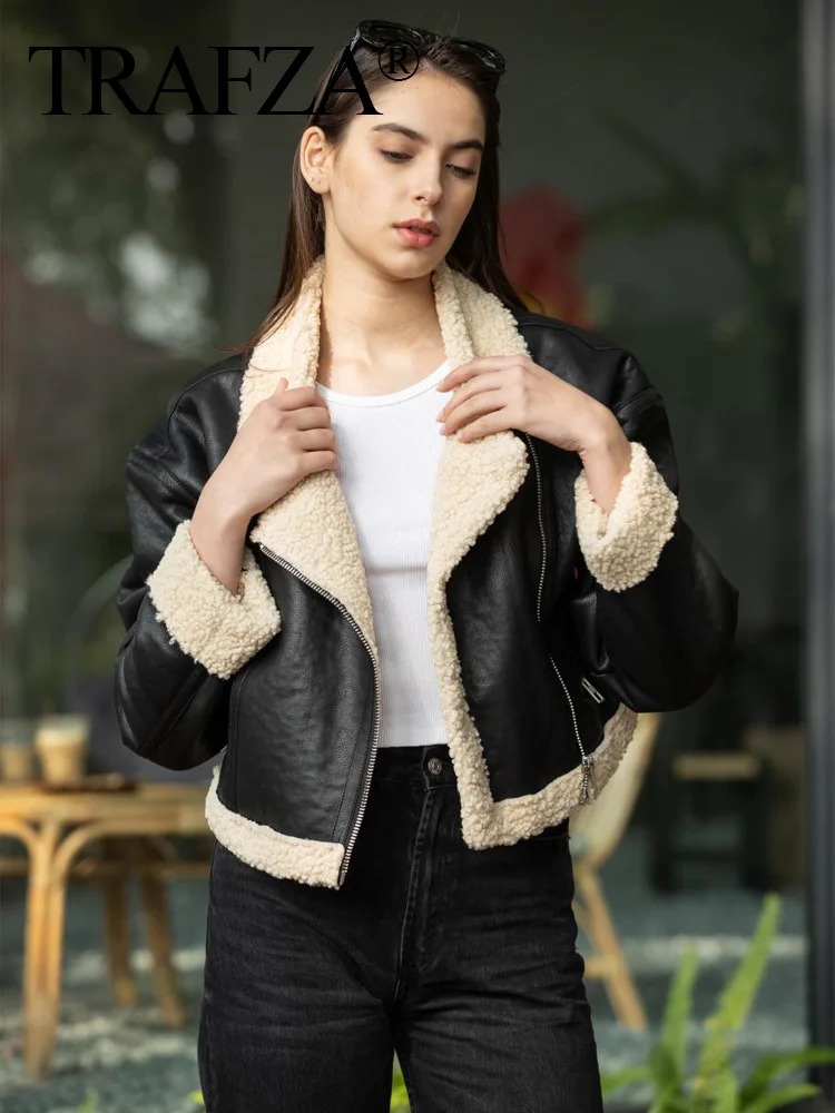 TRAFZA Vintage Womens PU Leather Jackets Zipper Fur Turn-Down Collar Loose Coats Female Warm High Street Winter Outwear 241220