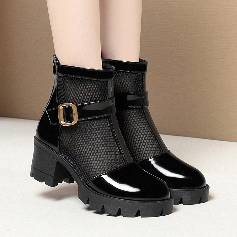 AIYUQI Women Summer Boots Mesh Genuine Leather Platform Women's Mesh Boots Large Size British Style Women Cool Boots