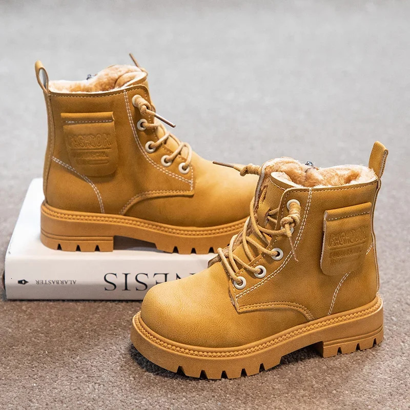 Childrens Fashion Boots Autumn Winter Thick Warm Plush Fur Boys Girls Leather Boots Side Zipper Fashion Kids Casual Ankle Boots 241219