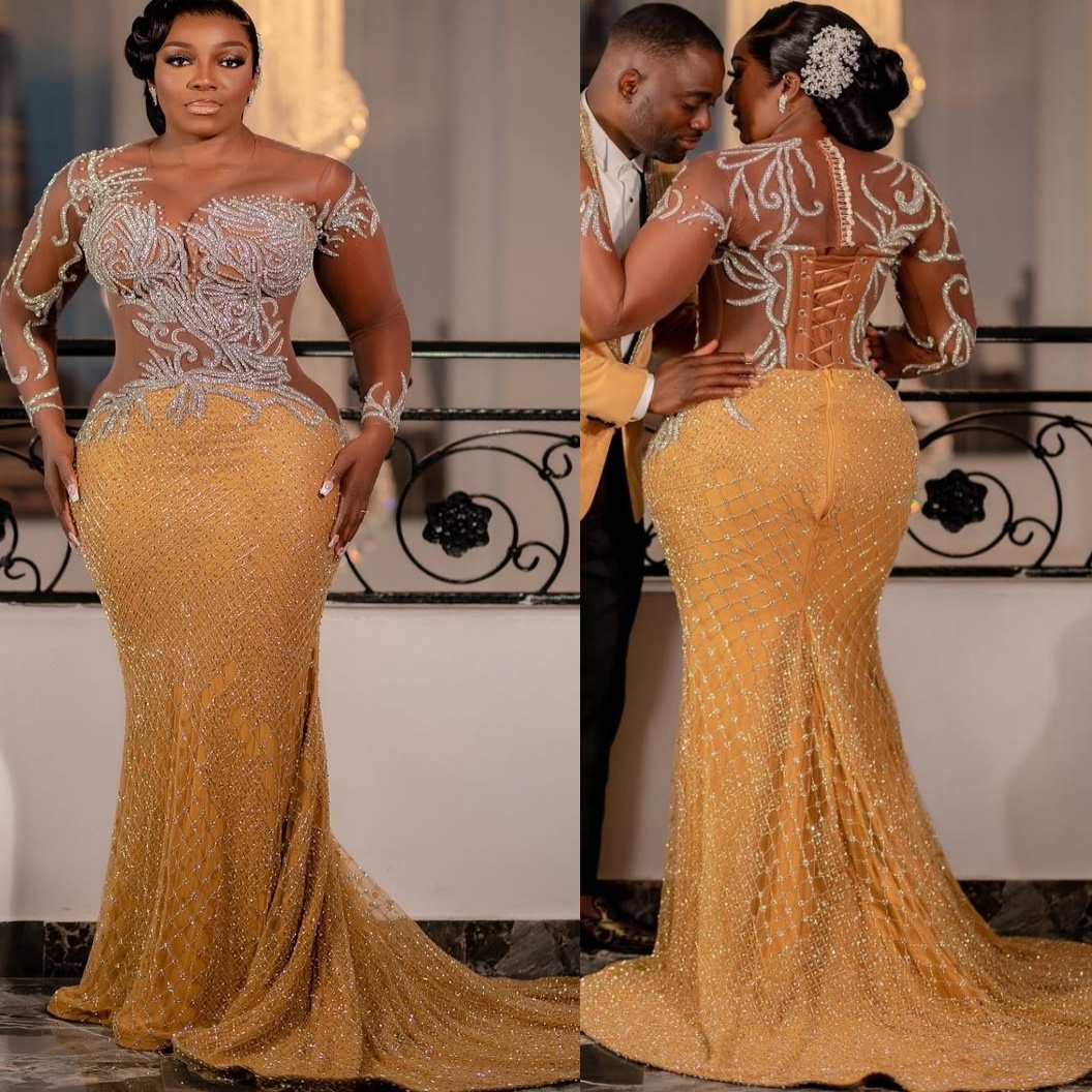 Illusion Gold Mermaid Prom Dresses Lace Beaded Sequined Vintage Evening Formal Party Second Birthday Engagement Gowns Plus Size Dress For Special Ocns