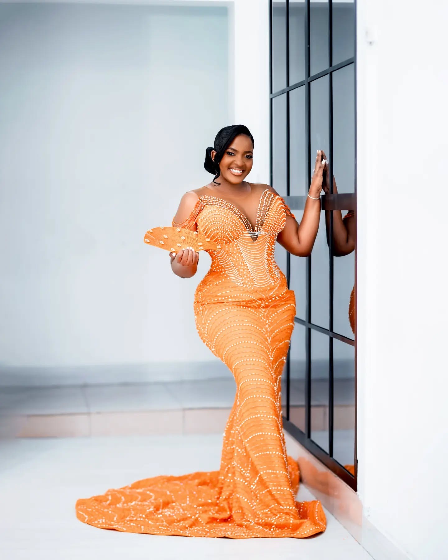 Mermaid Orange Prom Dresses Beadings Sequined Sheer Neck Evening Formal Party Second Birthday Engagement Gowns Plus Size Dress For Special Ocns
