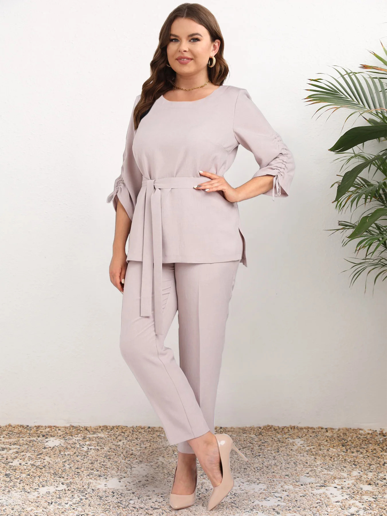 Women Plus Size Two Piece Pant Set Round Neck Solid Basic Casual Matching Office Lady Elegant 2 with Blet 241219