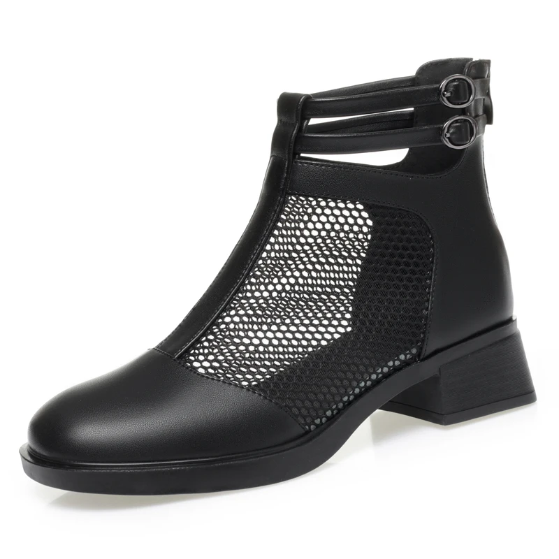 AIYUQI Mesh Sandals Women Summer Mid-Heel Cutout Mesh Boots Women Genuine Leather Large Size Fashion Women's Boots